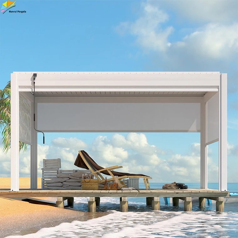 Hanrui Custom Sun Shade Luxury Modern Outdoor Metal White Swimming Pool Mechanism Manual Pergola Brackets manufacturers Hanrui Custom Sun Shade Luxury Modern Outdoor Metal White Swimming Pool Mechanism Manual Pergola Brackets manufacturers