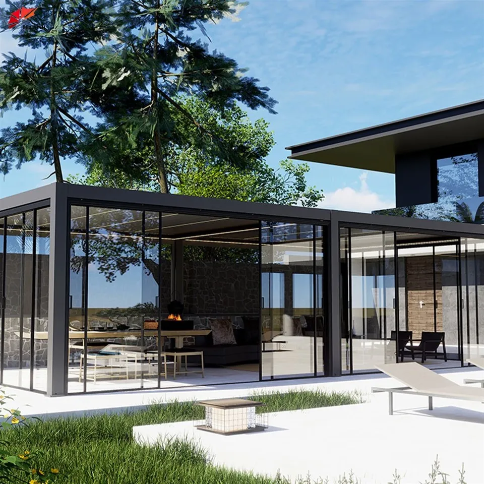 Hanrui Manufacturer Wholasela Automatic Motor Control Parts Double Louver And Led Lights Pergola high quality