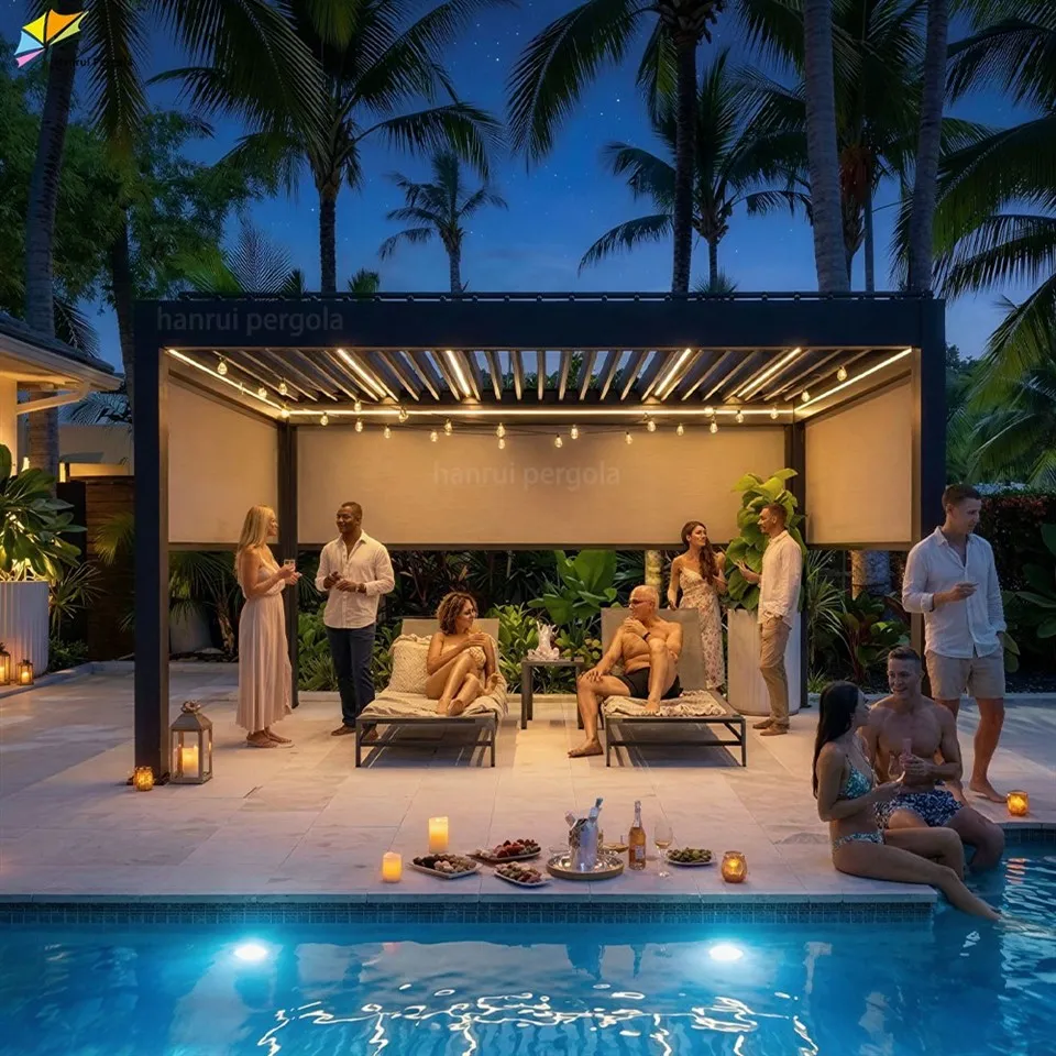 Smart Retractable Motorized Sliding Side Led Ligh Mesh Louver Zip Screen With Outdoor Aluminium Pergola suppliers