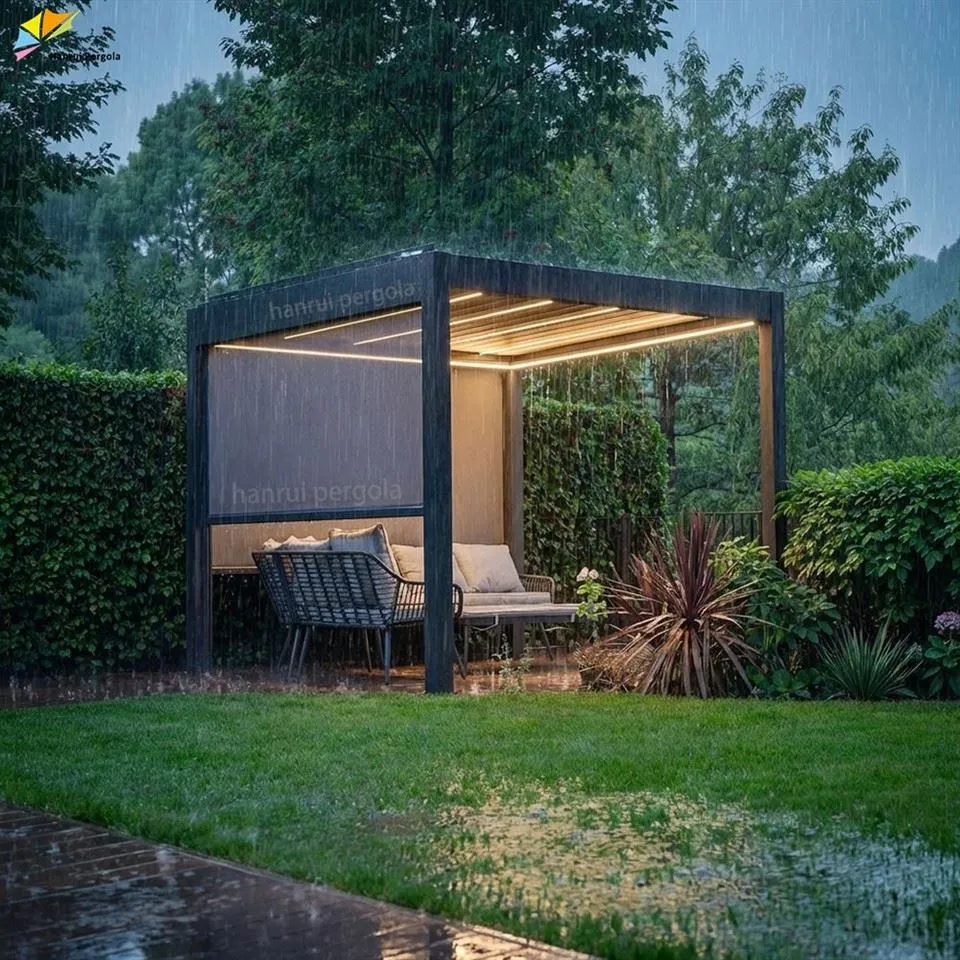 Smart Retractable Motorized Sliding Side Led Ligh Mesh Louver Zip Screen With Outdoor Aluminium Pergola factory